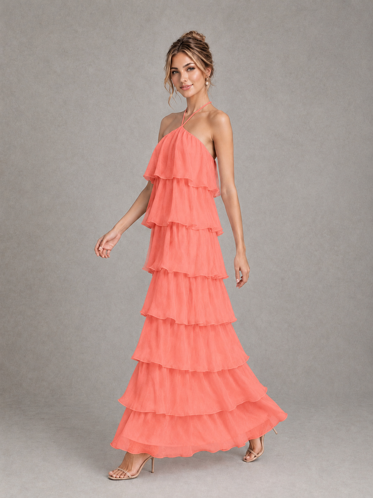 BOLODOO Coral Halter Tiered Ruffle Maxi Bridesmaid Dress - Coral - Coral_4