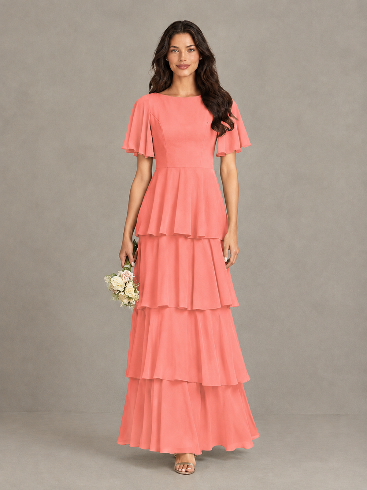 BOLODOO Coral Tiered Flutter Sleeve Bridesmaid Dress - Coral - Coral_4