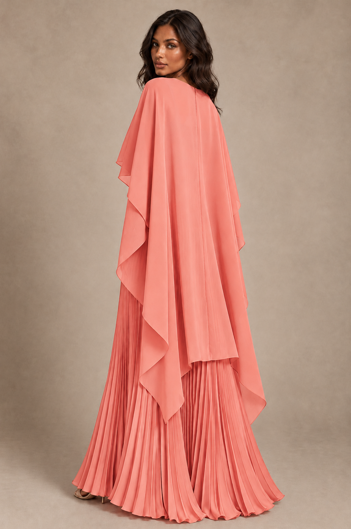 BOLODOO Coral Pleated Cape A-Line Evening Dress - Coral - Coral_4