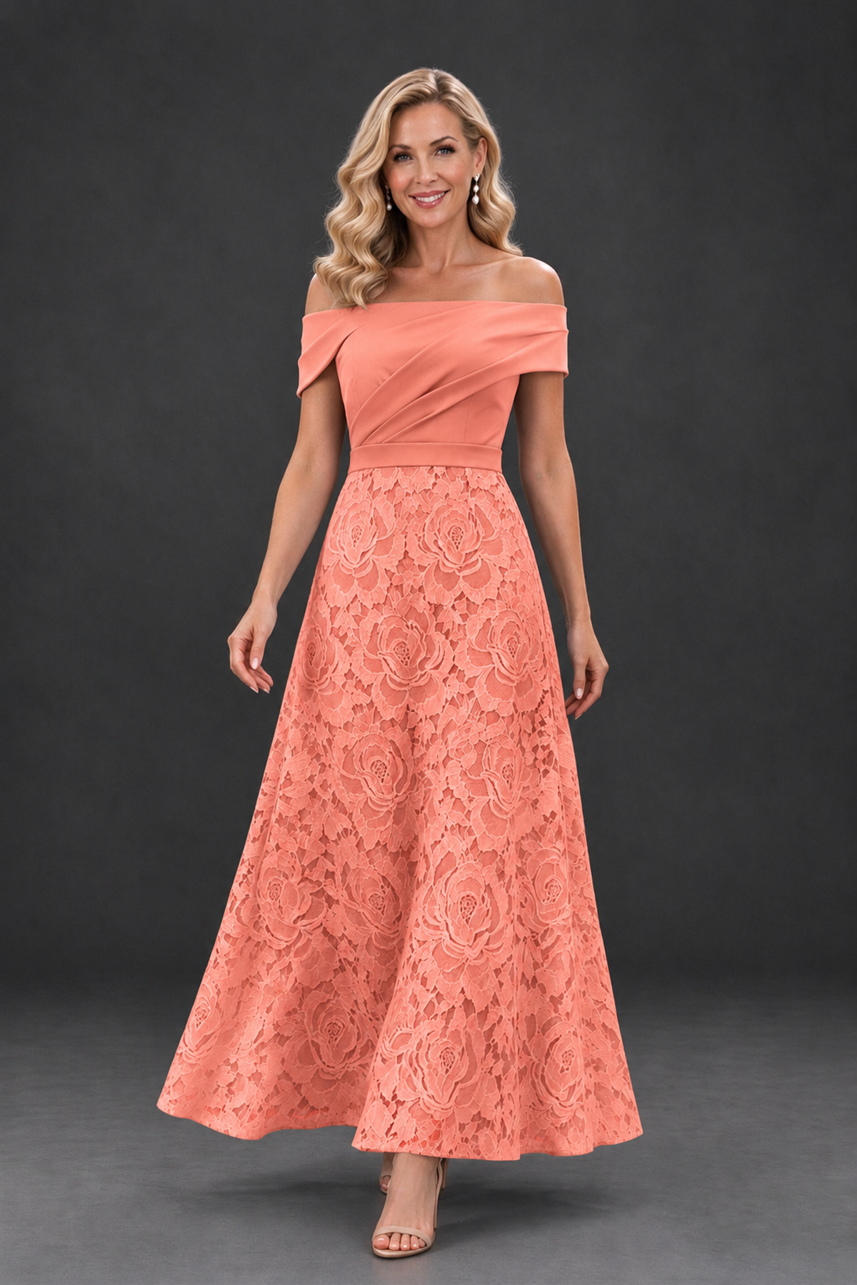 BOLODOO Coral Off-the-Shoulder Floral A-Line Mother of the Bride Dress - Coral - Coral_4