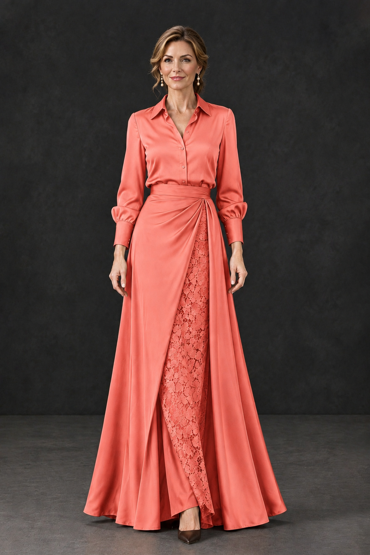 BOLODOO Coral Long Sleeve Satin-Look Lace Panel Gown - Coral - Coral_4