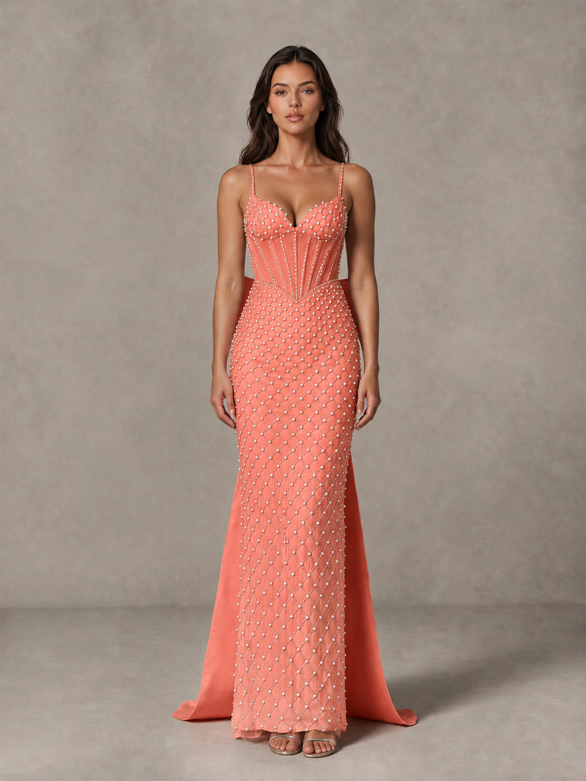 BOLODOO Coral Beaded Corset Prom Dress with Bow Train - Coral - Coral_4