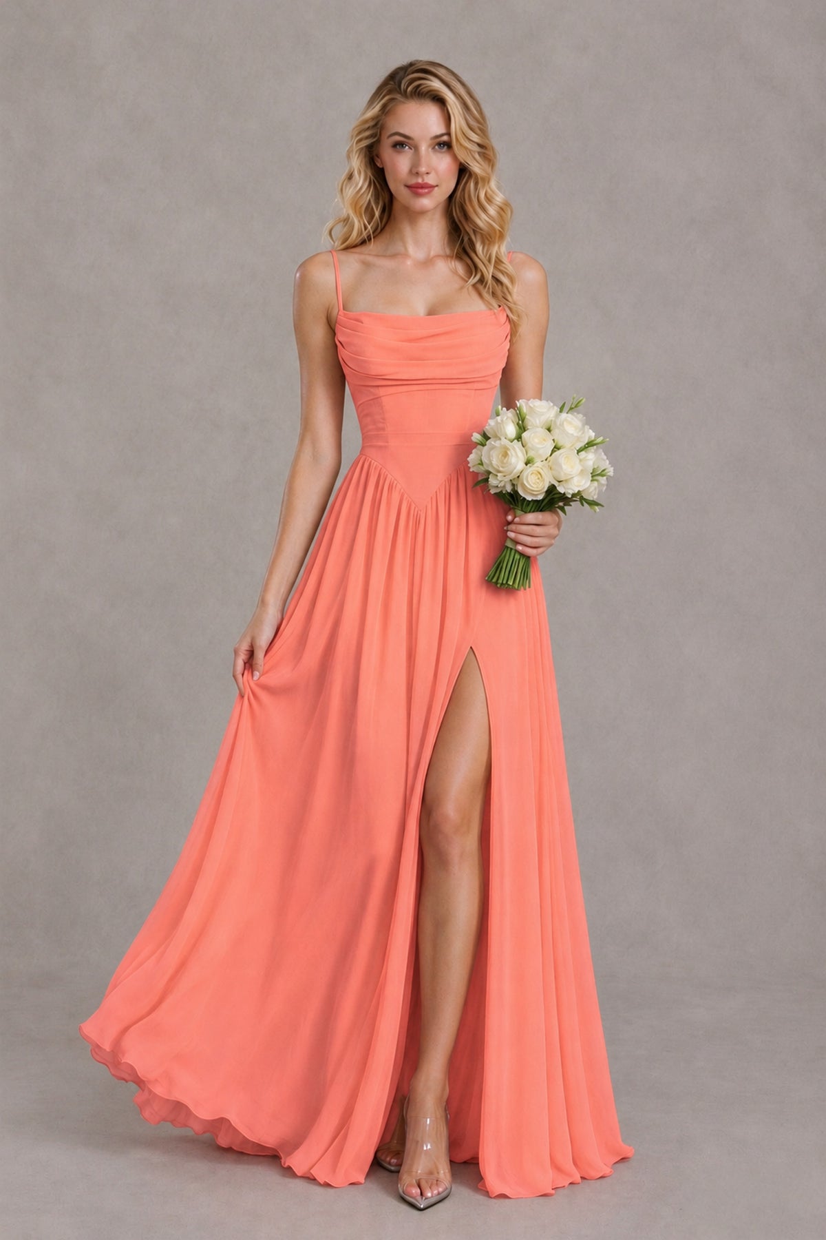 BOLODOO Coral Spaghetti Strap A-Line Bridesmaid Dress with Slit - Coral - Coral_4