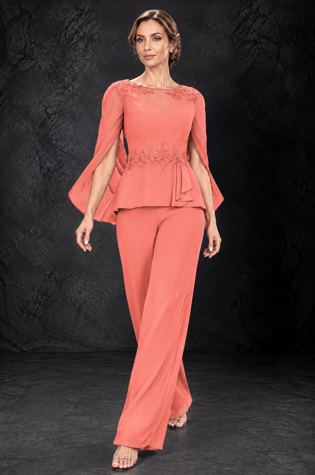 BOLODOO Coral Embellished Cape Sleeve Mother of the Bride Pantsuit - Coral - Coral_4