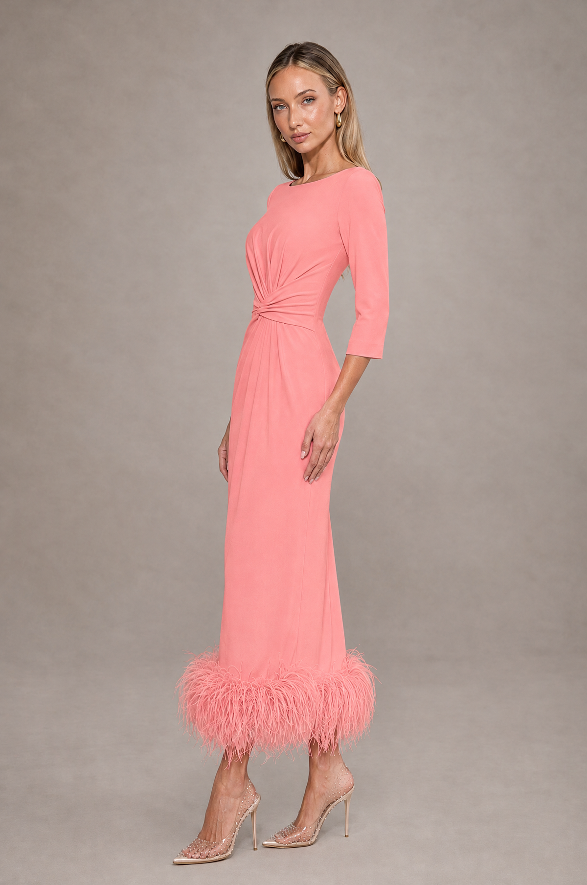 BOLODOO Coral Feather-Trim Twist-Waist Midi Dress - Coral - Coral_4