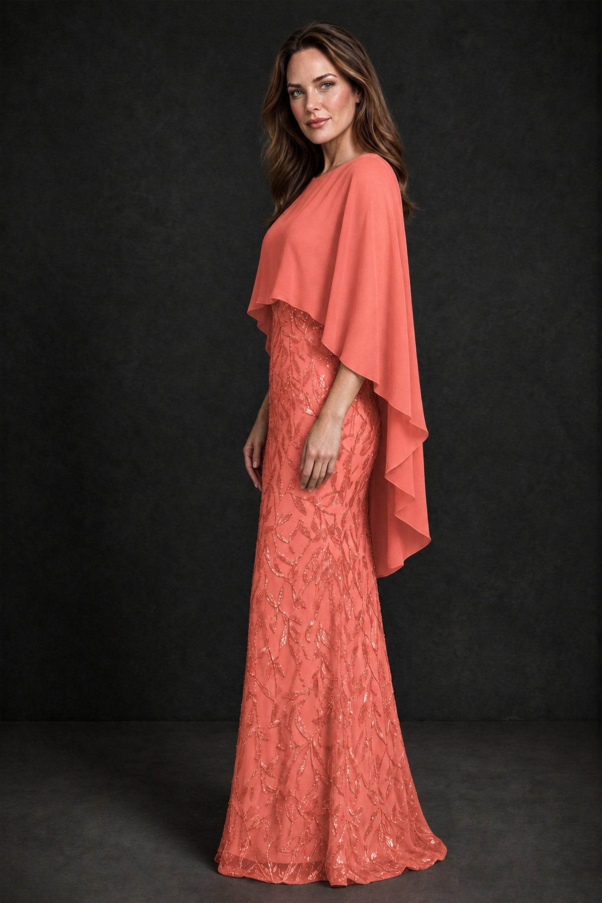 BOLODOO Coral Round Neck Chiffon Cape Overlay Sequin Lace Mermaid Maxi Dress - Coral - Coral_4