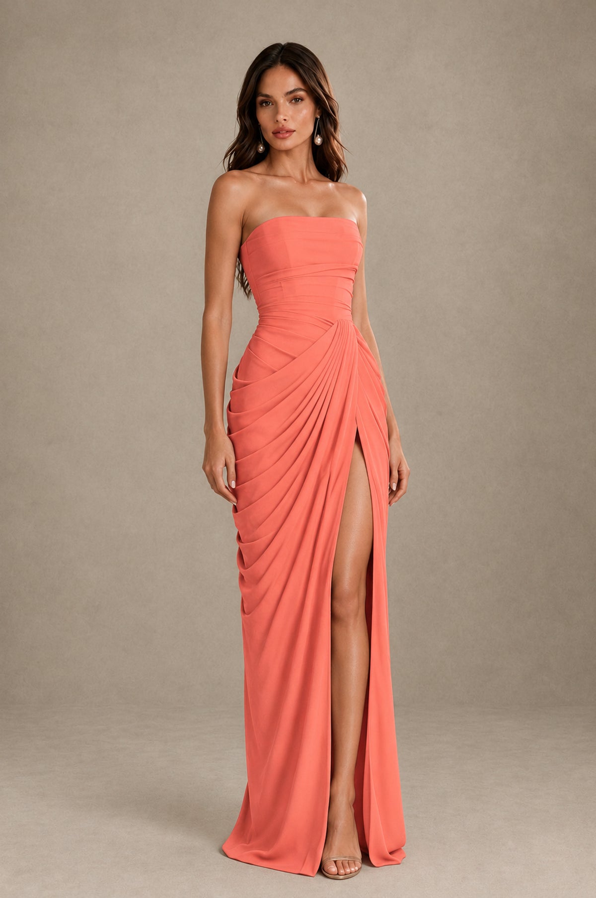 BOLODOO Strapless Draped Maxi Dress - Coral Backless Evening Gown with High Slit - Coral - Coral_4