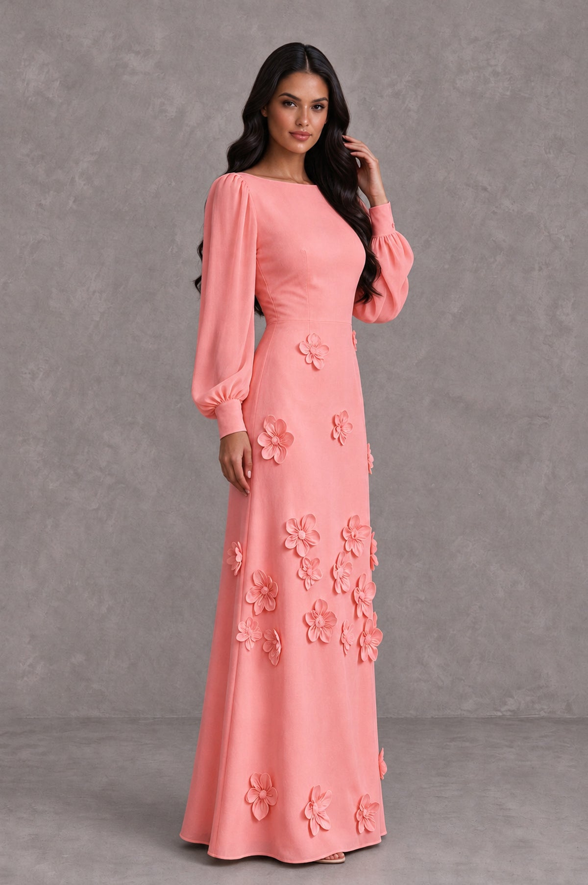 BOLODOO Coral Long Sleeve Floral Applique A-Line Evening Dress - Coral - Coral_4