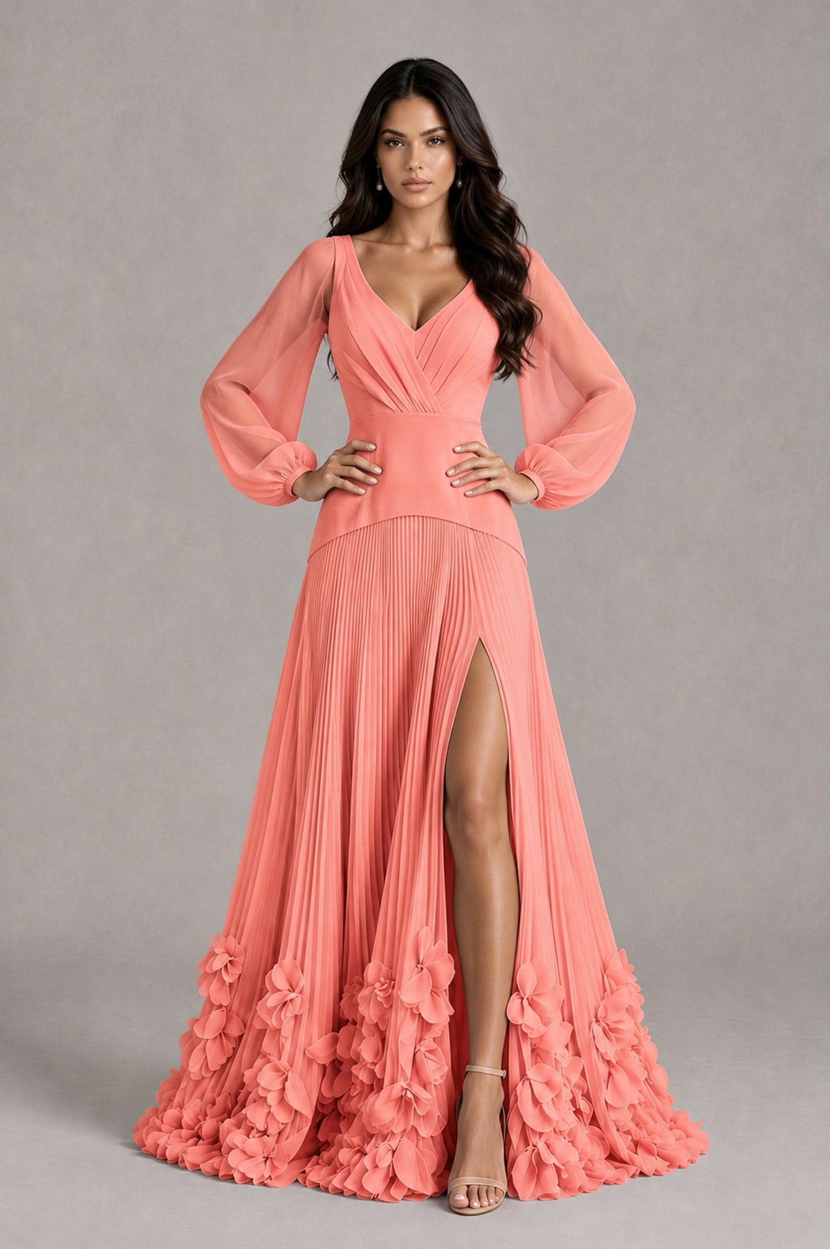 BOLODOO Coral V-Neck Long Sleeve Pleated Floral Hem Evening Dress - Coral - Coral_4
