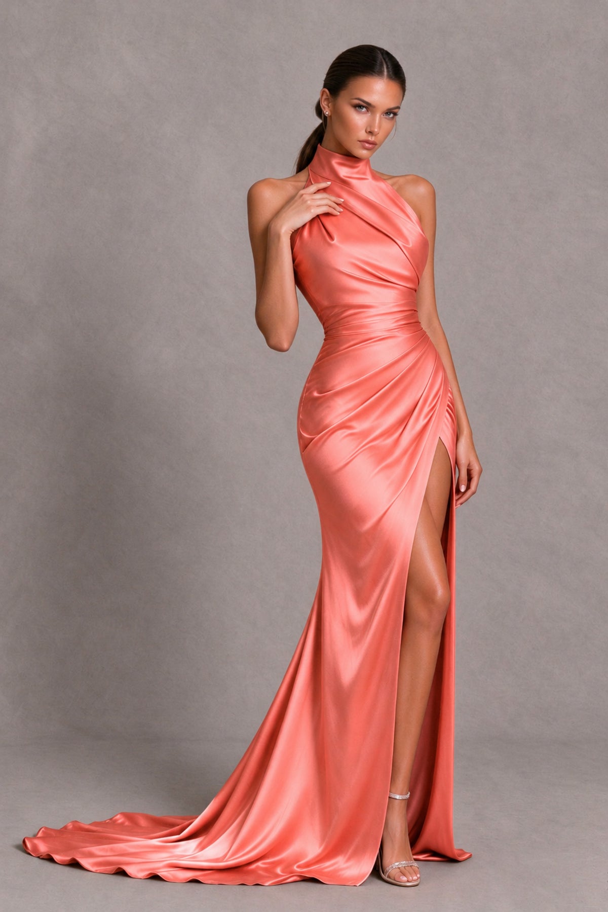 BOLODOO Coral Halter Satin-Look Evening Gown with High Slit - Coral - Coral_4