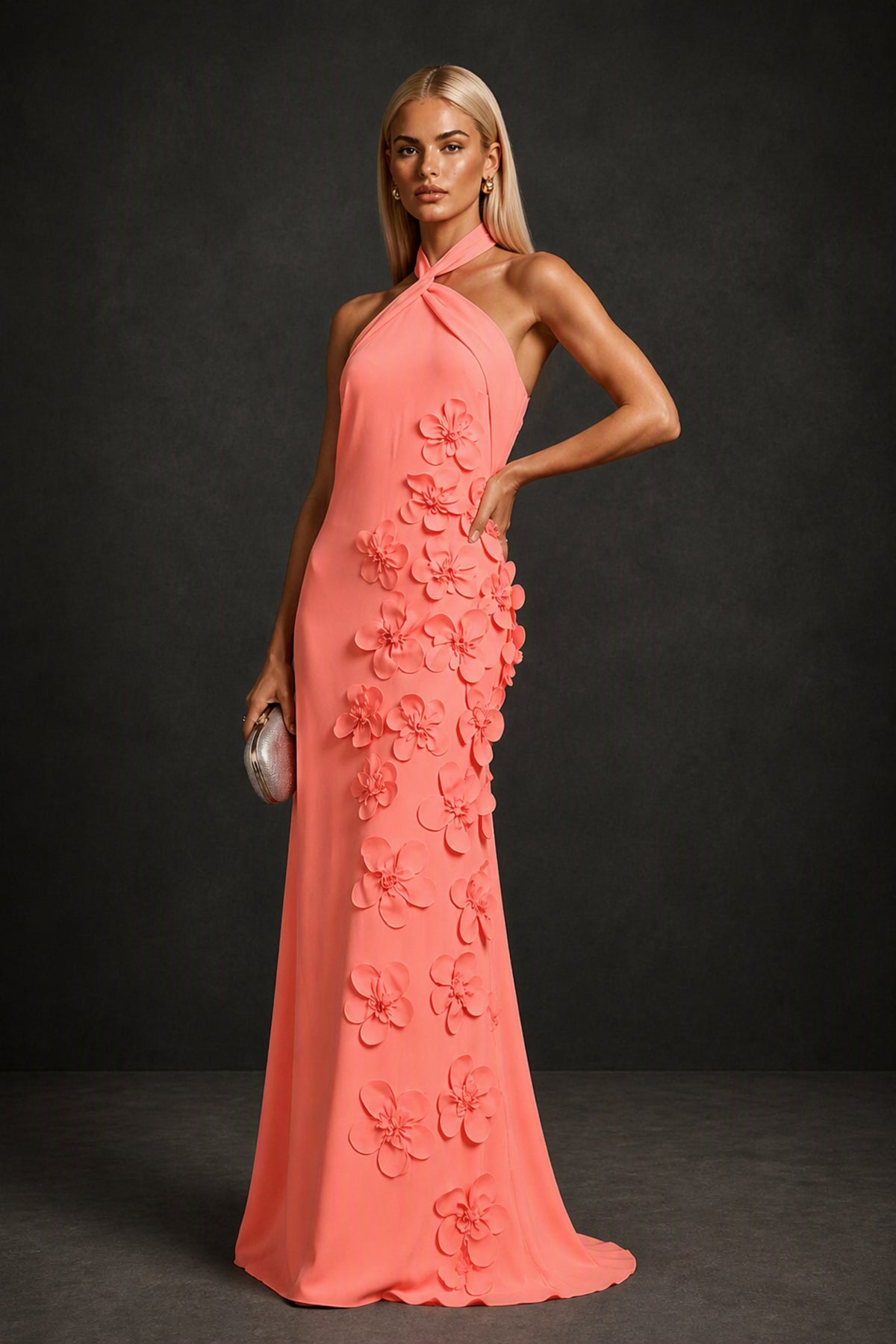 BOLODOO Coral Cross Halter Neck 3D Floral Appliqué Backless Mermaid Maxi Gown - Coral