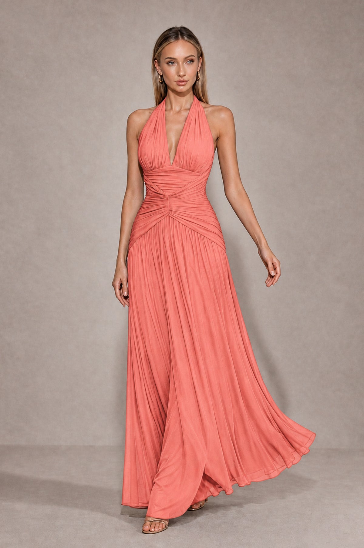 BOLODOO Coral Chiffon Halter Deep V-Neck Ruched A-Line Backless Maxi Dress with Train-BD0167 - Coral - Coral_4