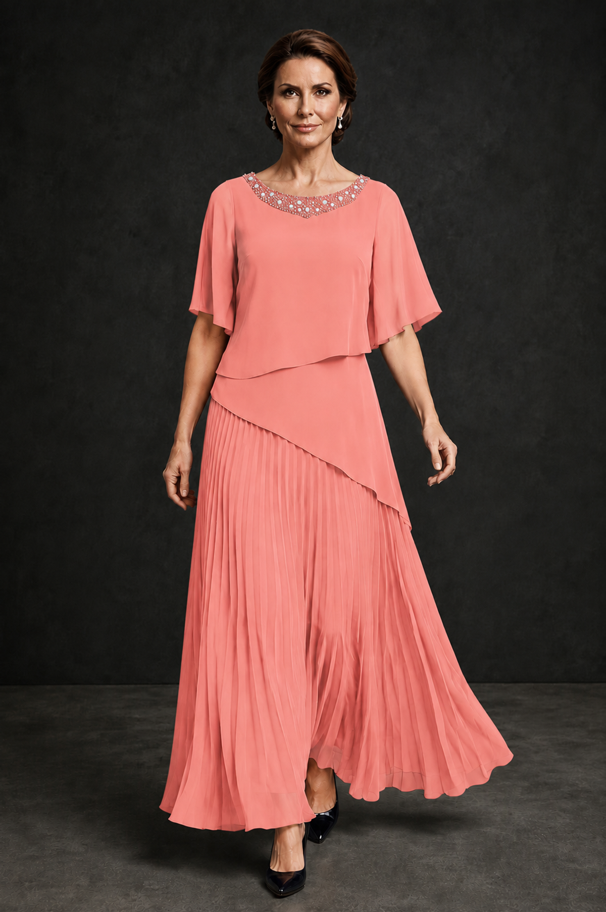 BOLODOO Coral Pearl Beaded Neck Asymmetric Tiered Flutter Sleeve Pleated Chiffon Maxi Dress - Coral - Coral_4