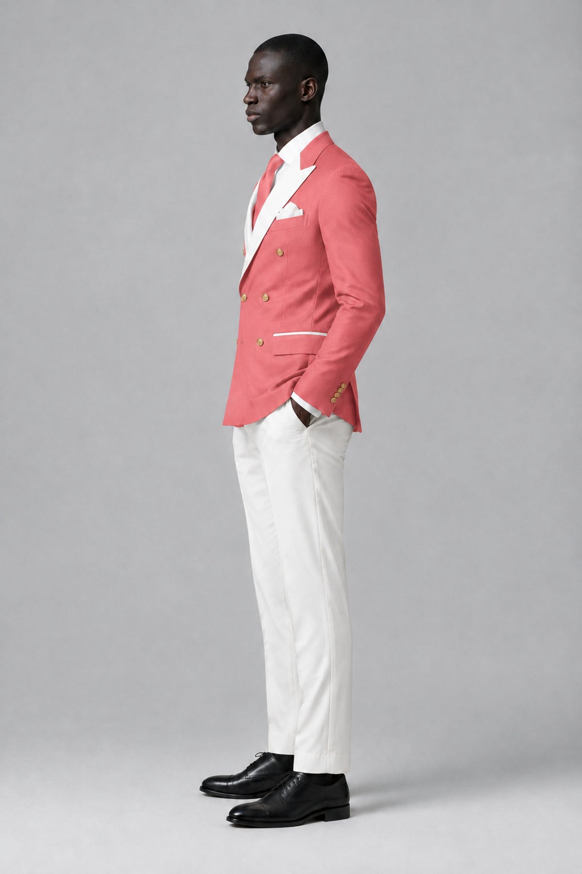 BOLODOO Men's Coral Double-Breasted Blazer & Cream Trousers Tuxeto 2-Piece Suit Set - Coral - Coral_4