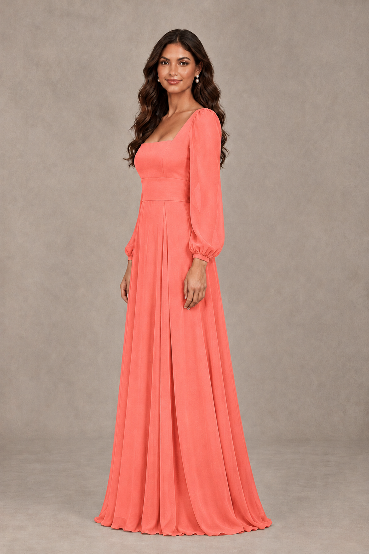 BOLODOO Coral Square Neck Long Sleeve A-Line Bridesmaid Dress - Coral - Coral_4