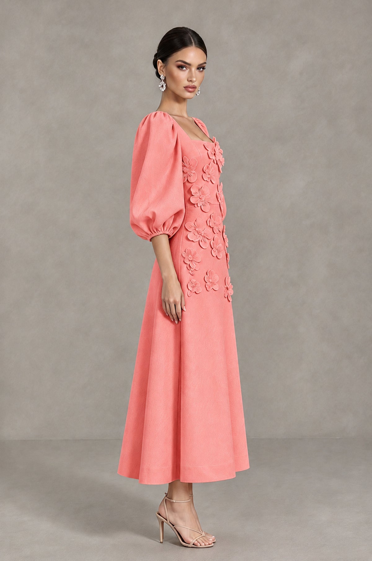 BOLODOO Coral 3D Floral Puff Sleeve Midi Cocktail Dress - Coral - Coral_4