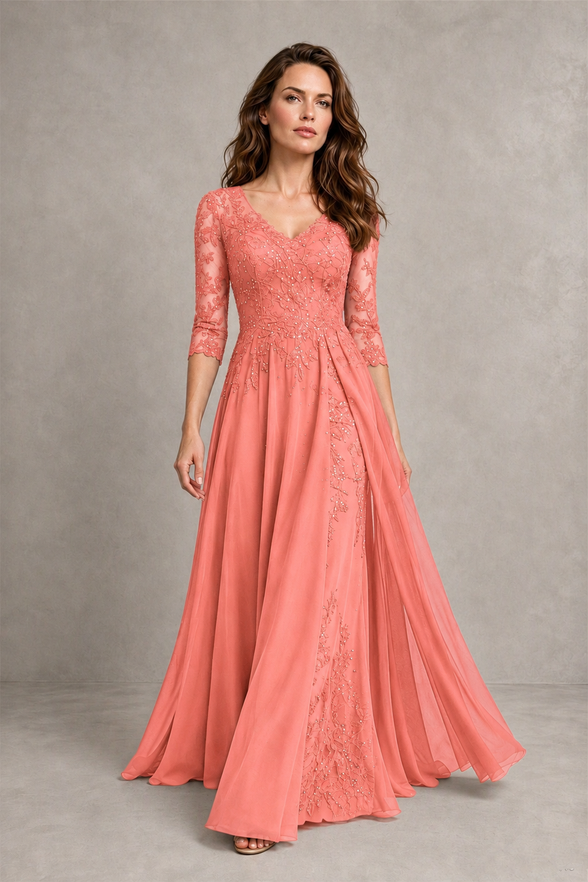 BOLODOO Midnight Coral Beaded Lace Appliqué Chiffon A-Line Gown | Mother of the Bride & Formal Evening Dress - Coral - Coral_4