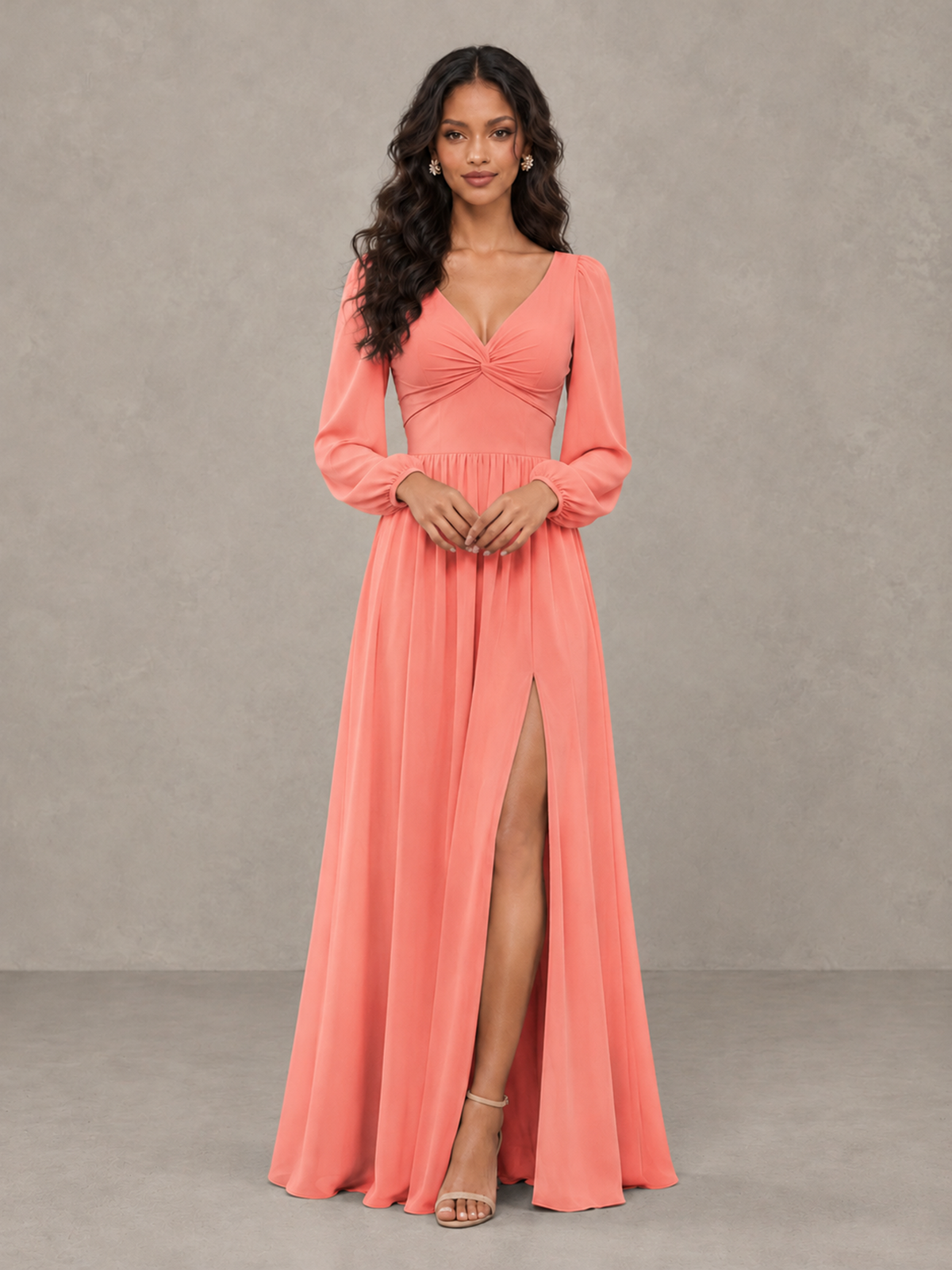 BOLODOO Coral V-Neck Long Sleeve Bridesmaid Dress with Tie Back and Slit - Coral - Coral_5