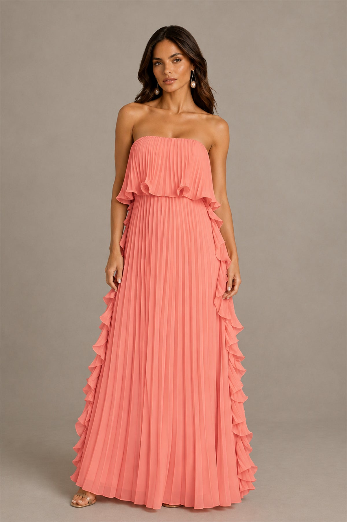 BOLODOO Coral Strapless Ruffle Bodice Dual Cascading Ruffle Accordion Pleated Chiffon Maxi Dress - Coral