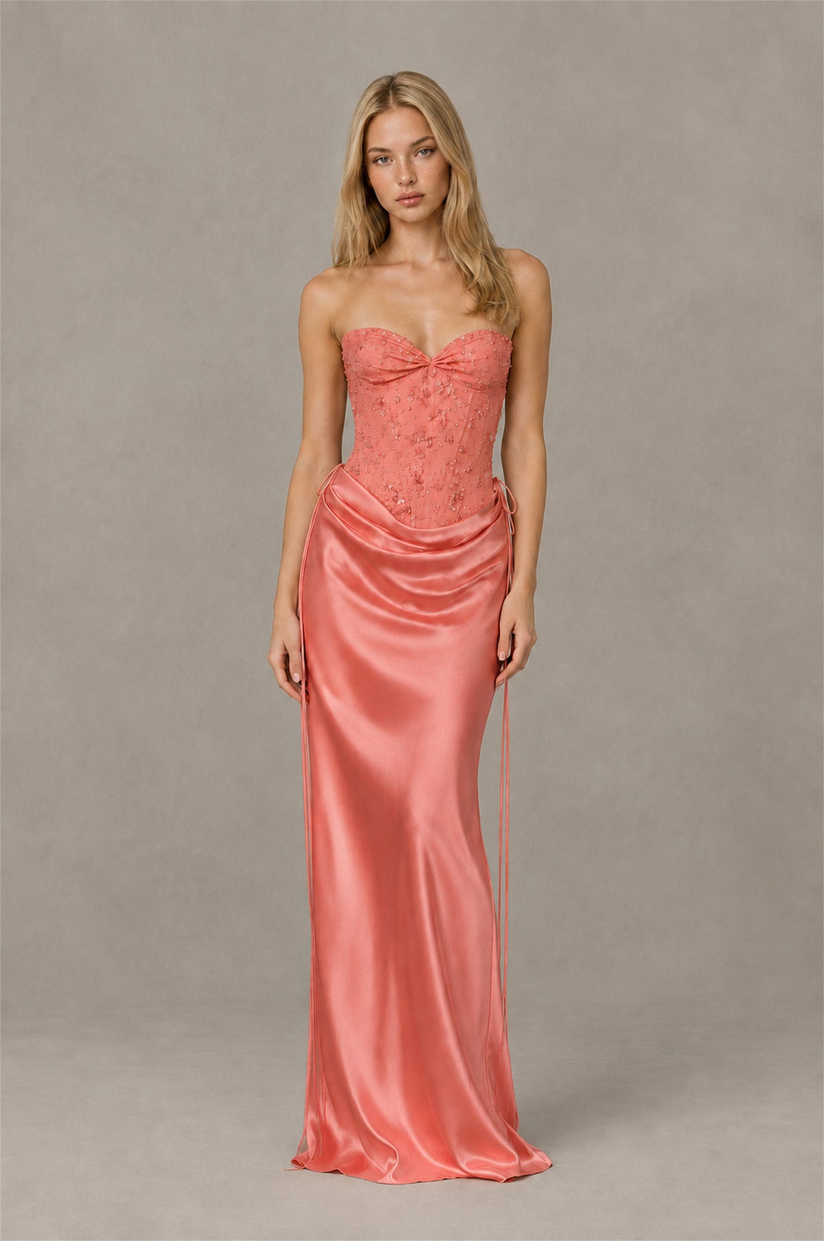 BOLODOO Coral Strapless Embellished Corset Satin-Look Maxi Dress - Coral