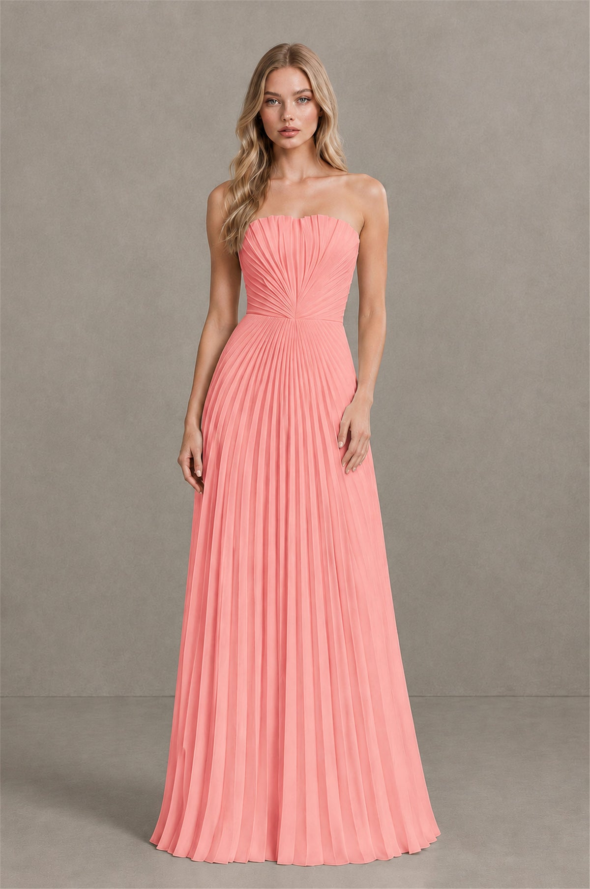 BOLODOO Coral Strapless Sunburst Pleated Twisted Knot Lace-Up Back Accordion Pleated Chiffon Maxi Dress - Coral