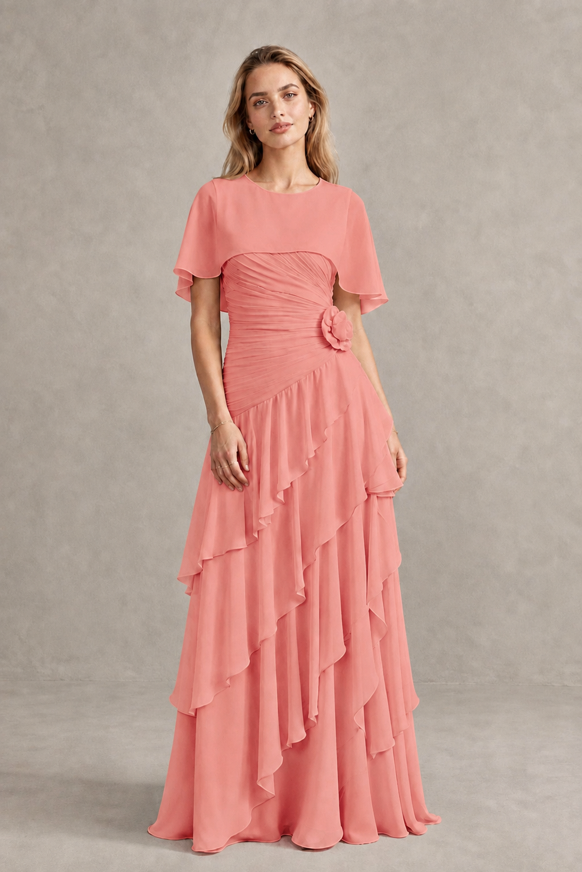 BOLODOO Coral Chiffon Flutter Sleeve Tiered Maxi Dress with 3D Rosette - Coral
