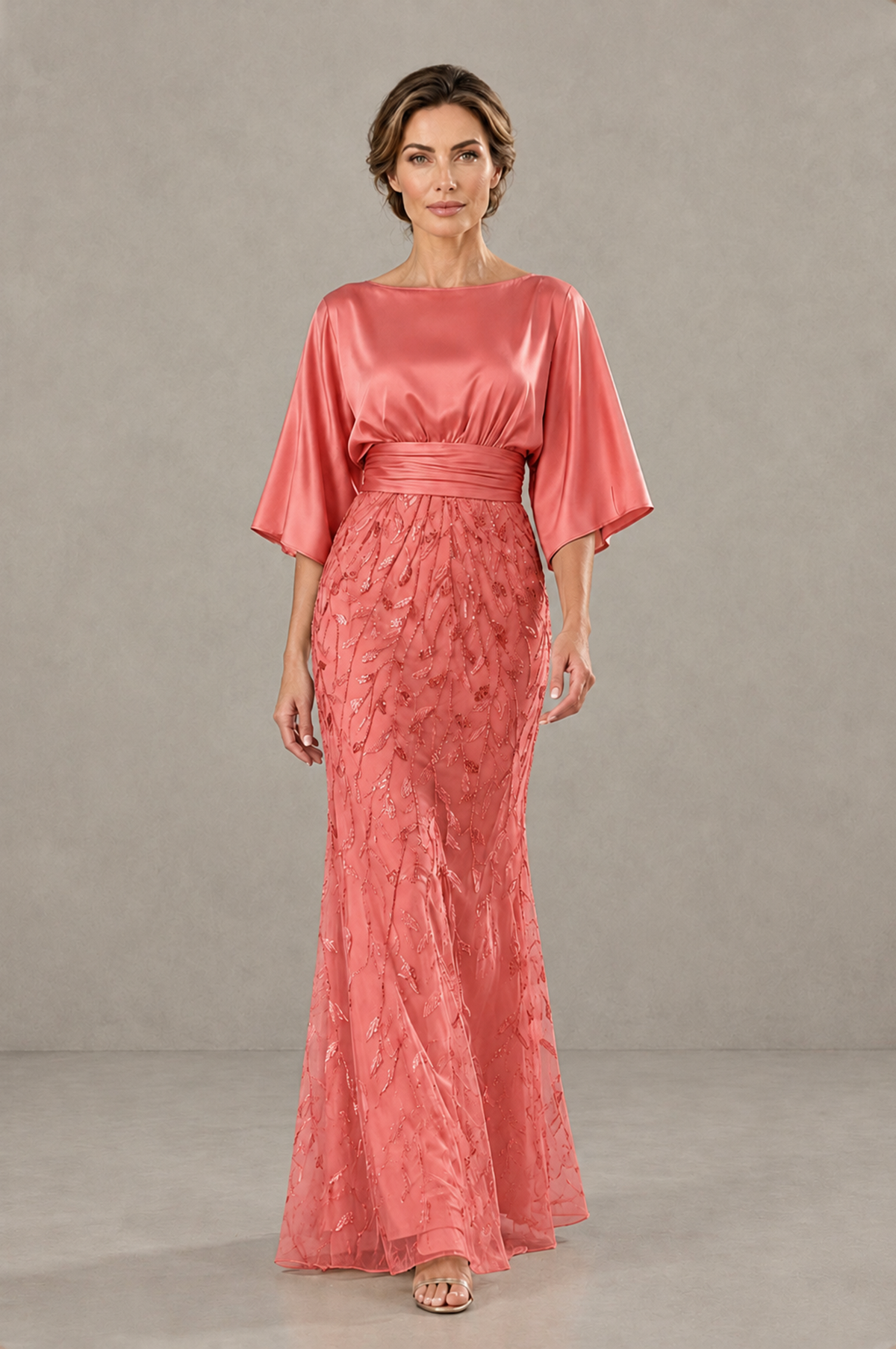 BOLODOO Coral Mother of the Bride Dress with Kimono Sleeves, Satin Bodice & Sequin Embroidered Mermaid Floor-Length Gown - Coral - Coral (1)