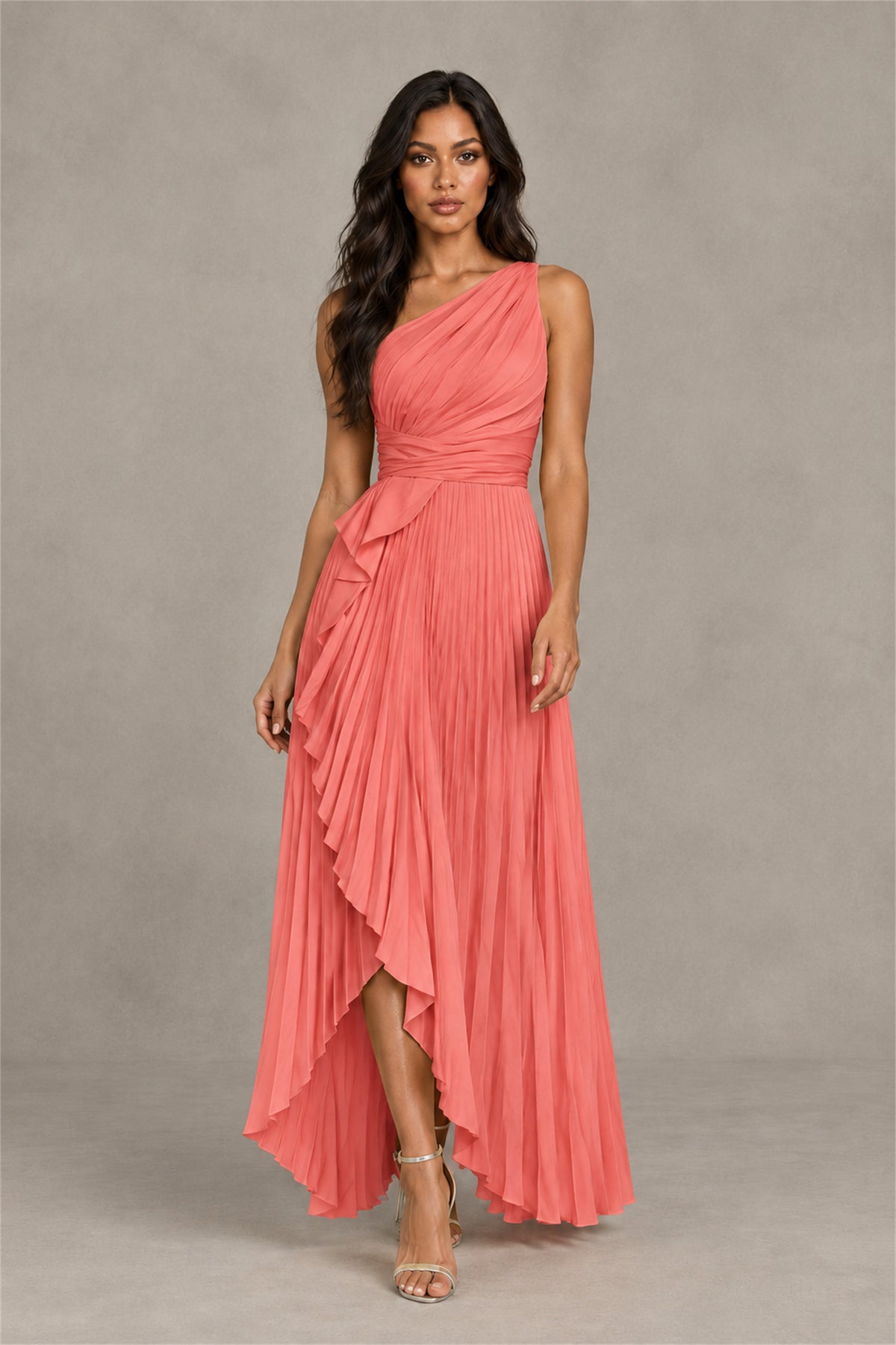 BOLODOO Coral One-Shoulder High-Low Ruffle Maxi Dress - Coral