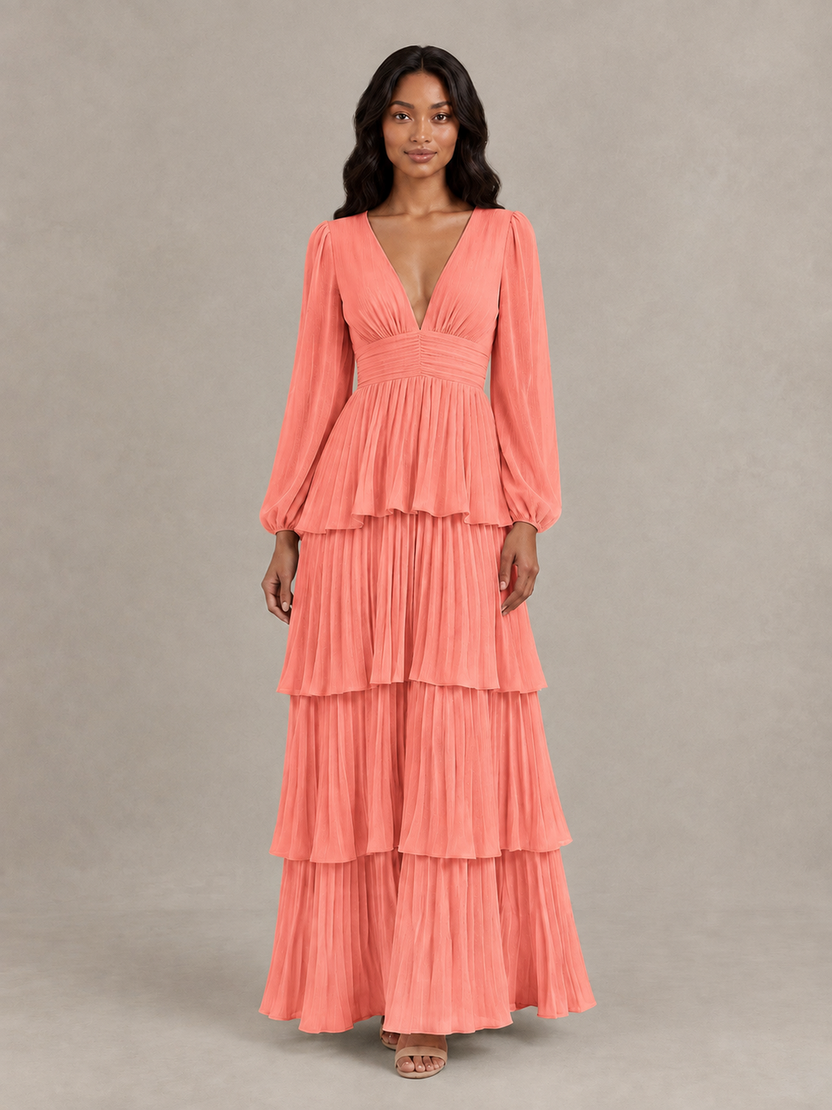 BOLODOO Coral Long-Sleeve Tiered Maxi Dress with Deep V-Neck - Coral