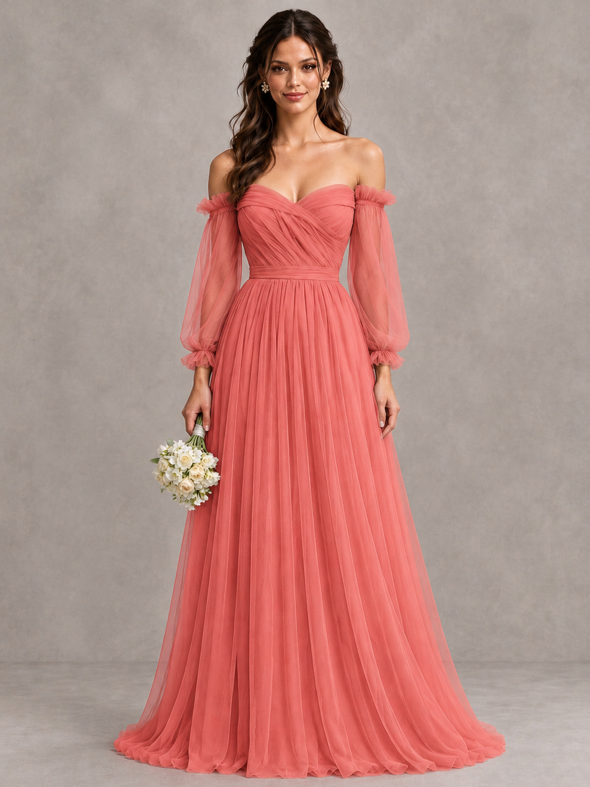 BOLODOO Coral Off-the-Shoulder Long Sleeve A-Line Bridesmaid Dress - Coral - Coral (1)