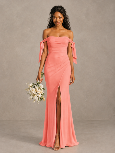 Coral Off-Shoulder Bow Bridesmaid Dress with Slit - Coral - Coral (1)
