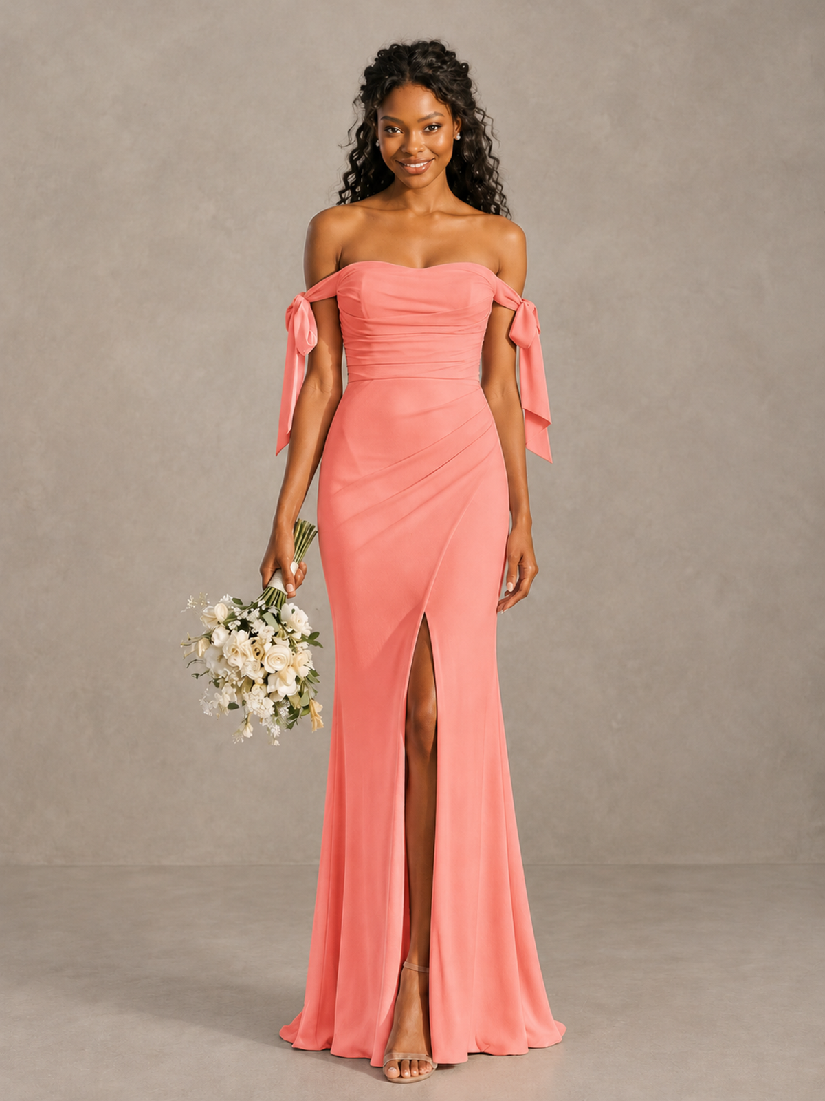 Coral Off-Shoulder Bow Bridesmaid Dress with Slit - Coral - Coral (1)