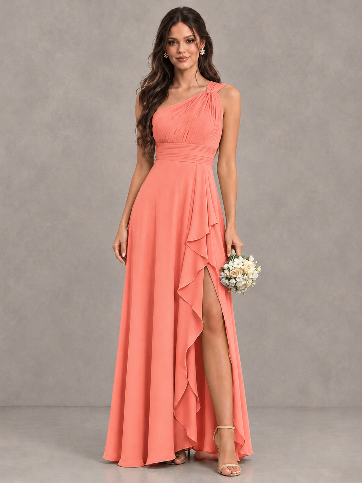BOLODOO Coral One-Shoulder Ruffle Bridesmaid Dress with Slit - Coral - Coral (1)