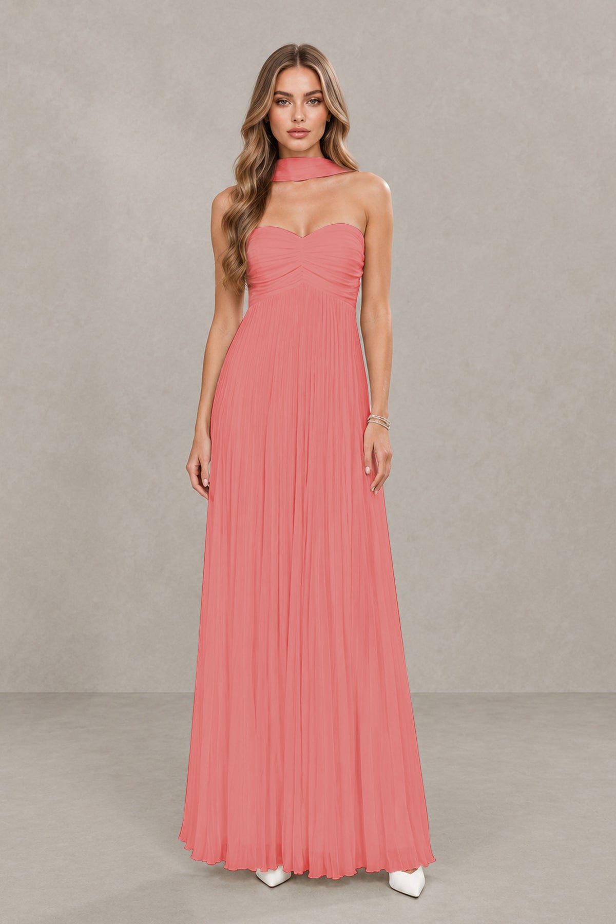 BOLODOO Coral Strapless Chiffon-Look Maxi Dress with Lace-Up Back & Cape - Coral