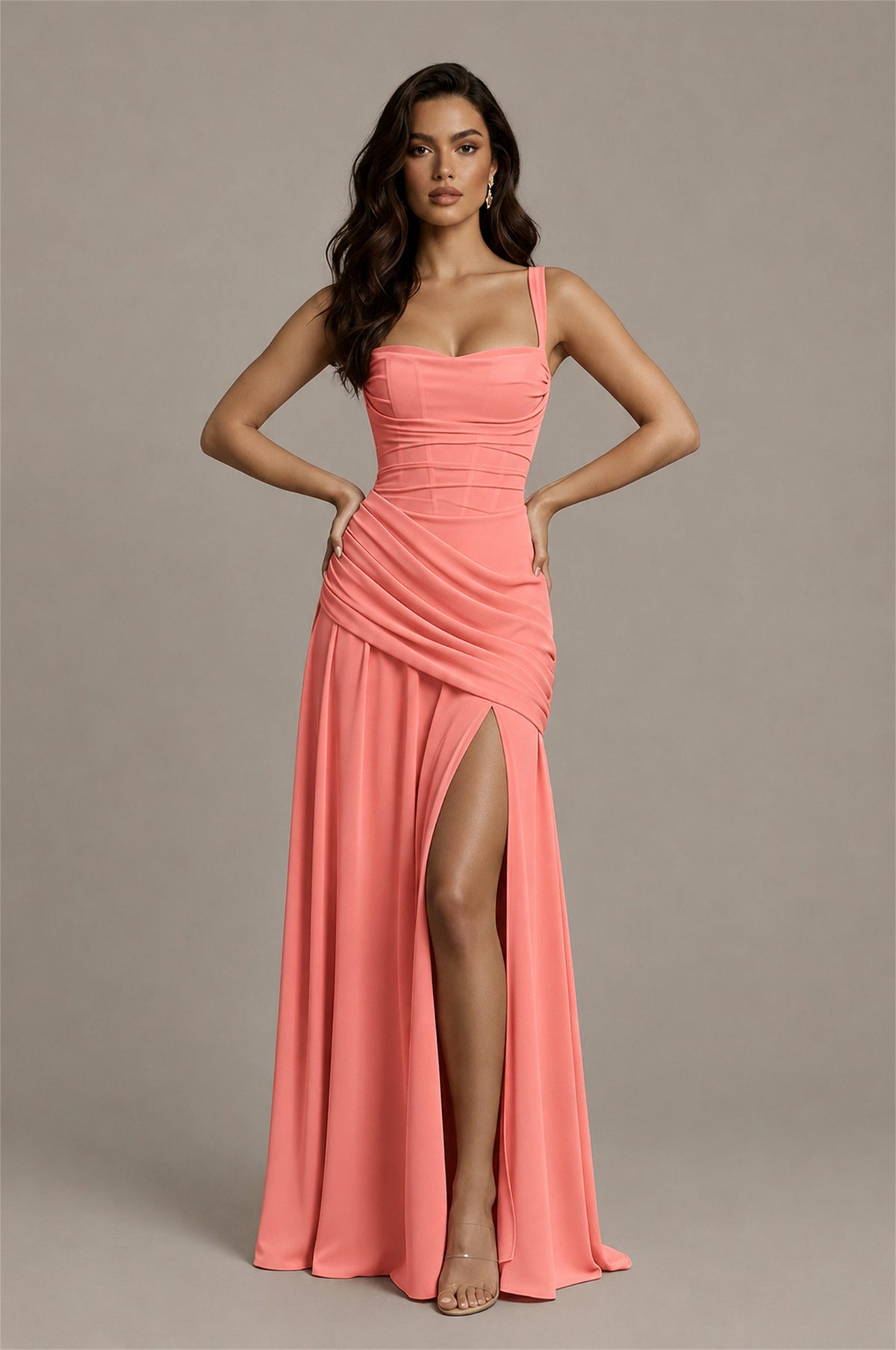 BOLODOO Coral Spaghetti Strap Ruched Maxi Dress – Formal Evening Gown with Slit - Coral