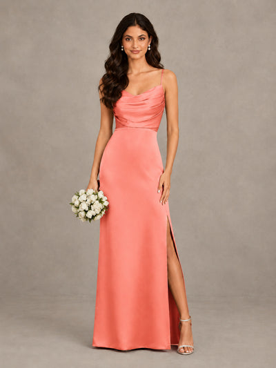 BOLODOO Coral Cowl Neck Satin Bridesmaid Dress with Slit - Coral - Coral (1)