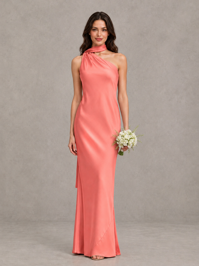 BOLODOO Coral Satin One-Shoulder Bridesmaid Dress with Open Back - Coral - Coral (1)