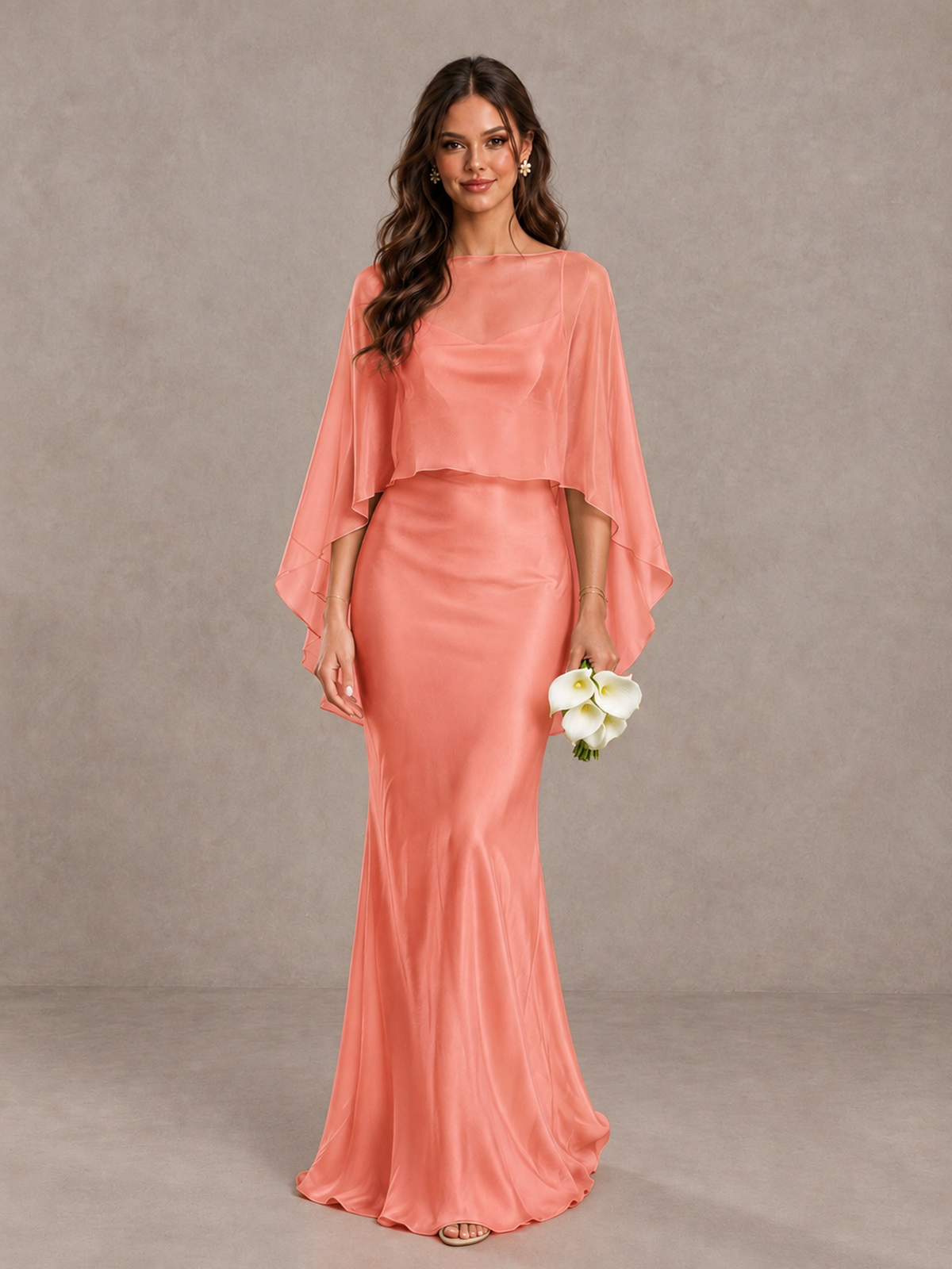 BOLODOO Coral Satin Mermaid Bridesmaid Dress with Chiffon Cape - Coral - Coral (1)