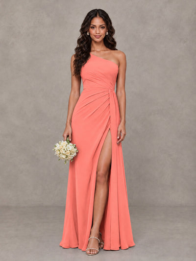 BOLODOO Coral One-Shoulder Chiffon Bridesmaid Dress with Ruched Bodice & High Slit - Coral - Coral (1)