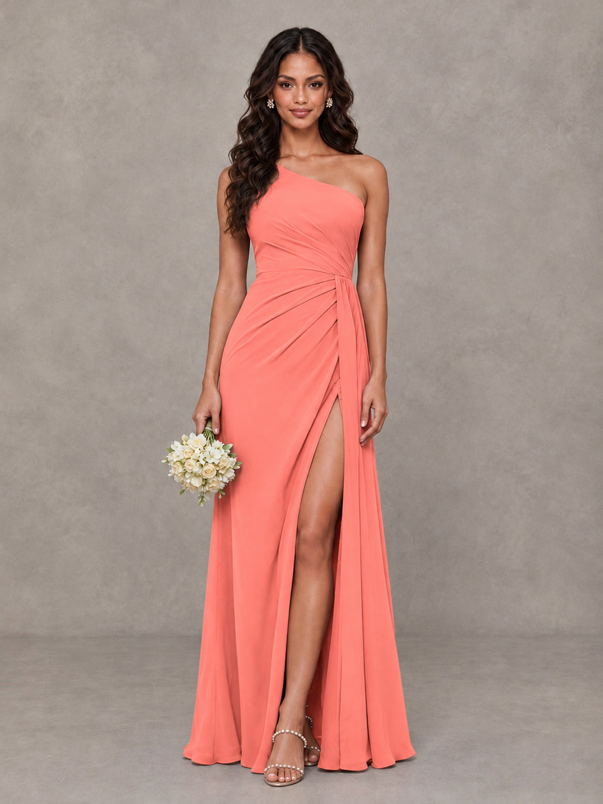 BOLODOO Coral One-Shoulder Chiffon Bridesmaid Dress with Ruched Bodice & High Slit - Coral - Coral (1)