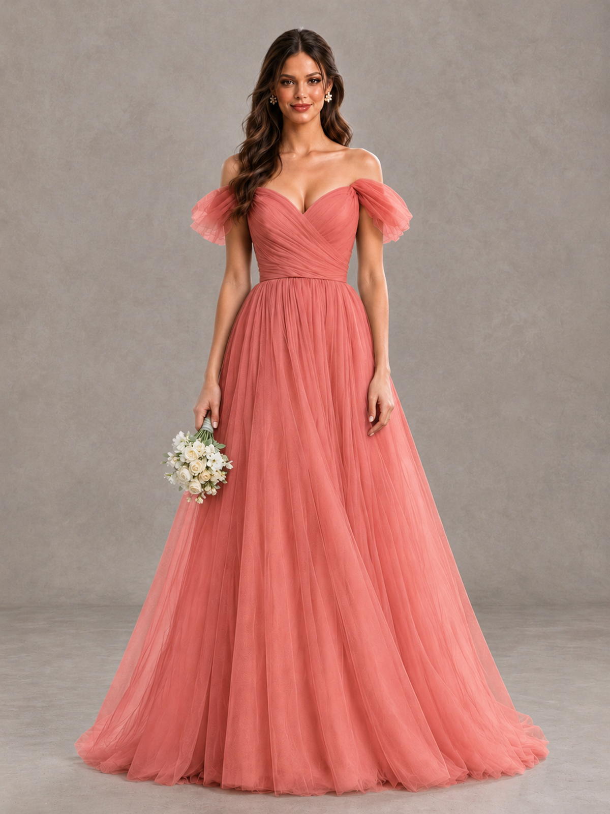 BOLODOO Coral Off-the-Shoulder Ruffle Sleeve A-Line Bridesmaid Dress - Coral - Coral (1)