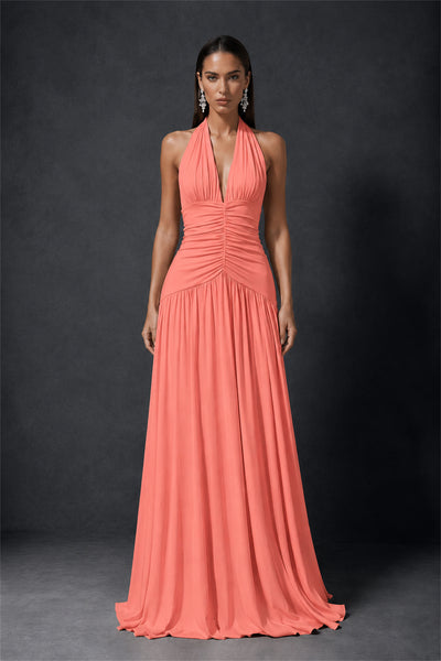 BOLODOO Coral Halter Deep V-Neck Ruched Chiffon Open Back Maxi Dress with Draped Neck Tie - Coral