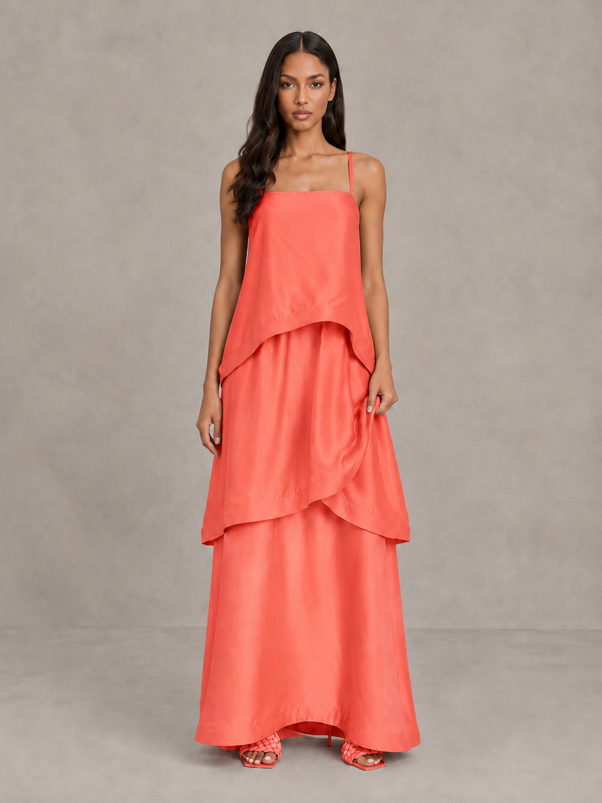 BOLODOO Coral Satin Tiered Maxi Dress with Spaghetti Straps - Coral