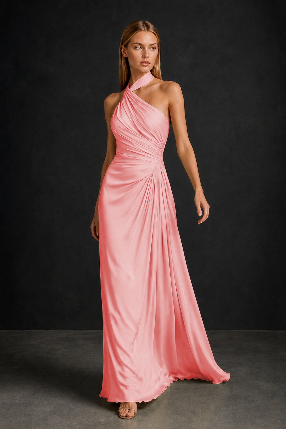 BOLODOO Coral Twisted Halter Neck Ruched Sleeveless Open Back Floor-Length Gown - Coral