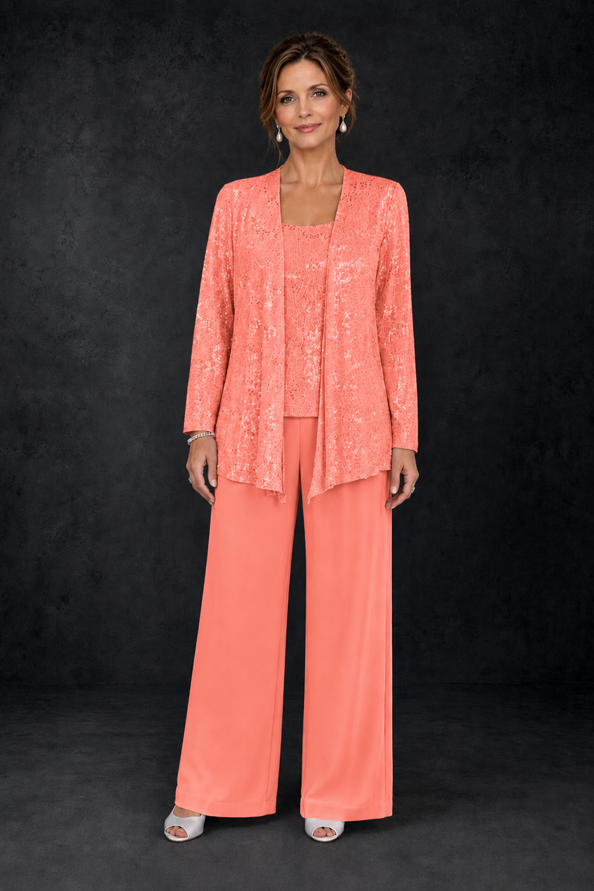 BOLODOO Coral Sequin Lace 3-Piece Pant Suit with Long Sleeve Jacket - Coral - Coral (1)