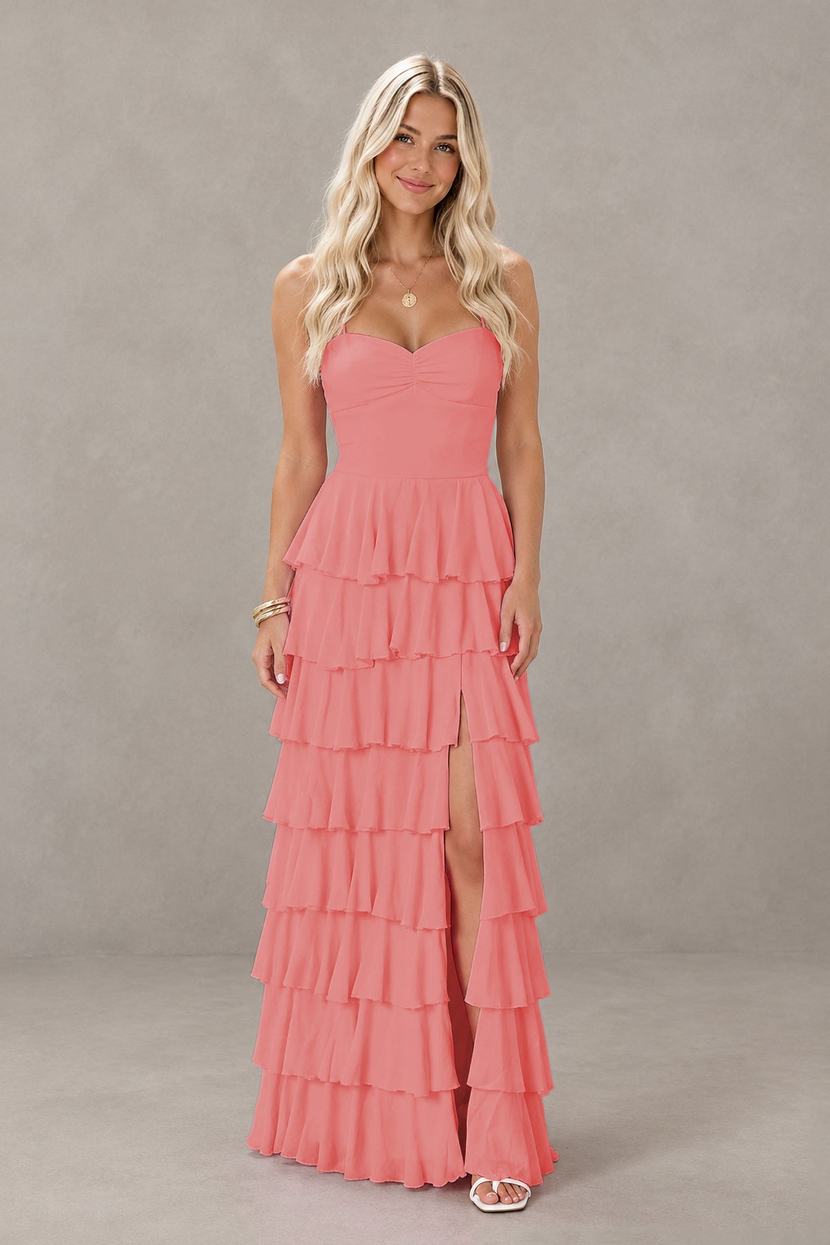 BOLODOO Coral Strapless Tiered Ruffle Maxi Dress with Slit & Lace-Up Back - Coral