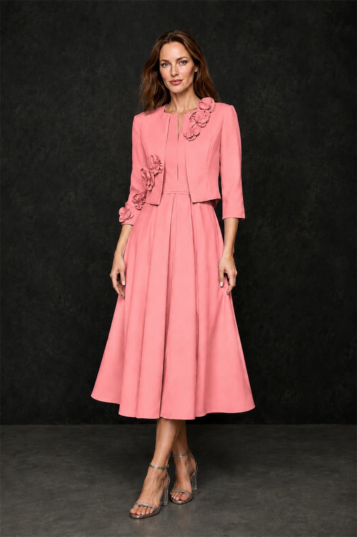 BOLODOO Coral 3D Rosette Appliqué 3/4 Sleeve Jacket & V-Notch Sleeveless A-Line Tea-Length Two-Piece Dress Set - Coral