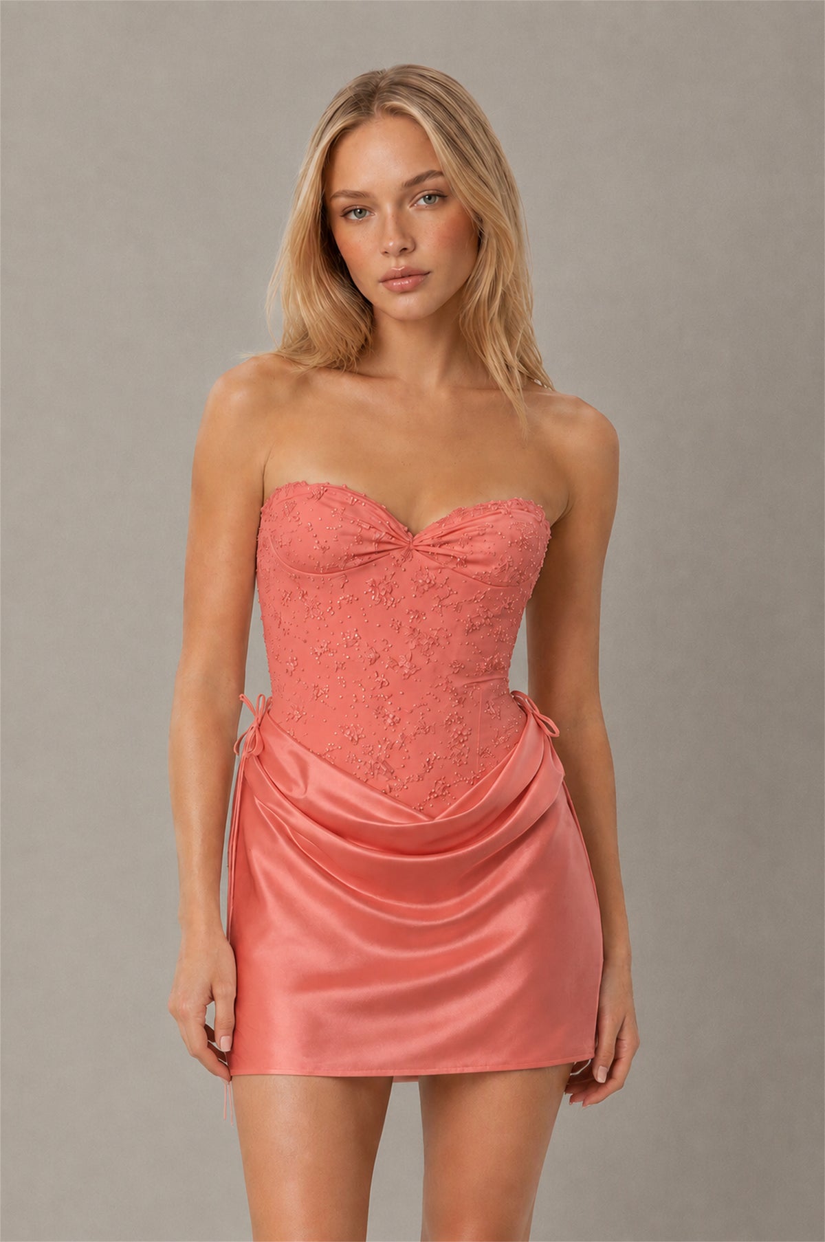 BOLODOO Coral Lace Corset Strapless Sweetheart Satin Mini Dress with Open Back - Coral