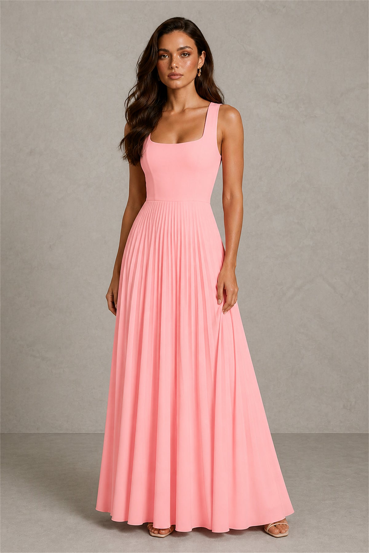 BOLODOO Coral Square Neck Wide Strap Lace-Up Back Pleated A-Line Chiffon Maxi Dress - Coral