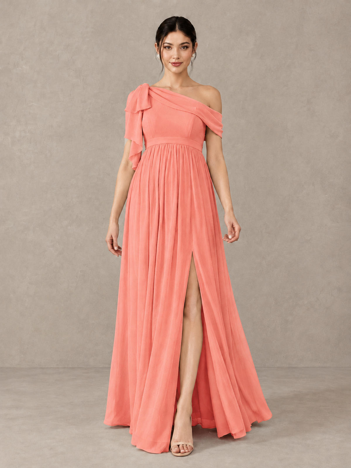 BOLODOO Coral One-Shoulder Maternity Bridesmaid Dress with Slit - Coral - Coral (1)
